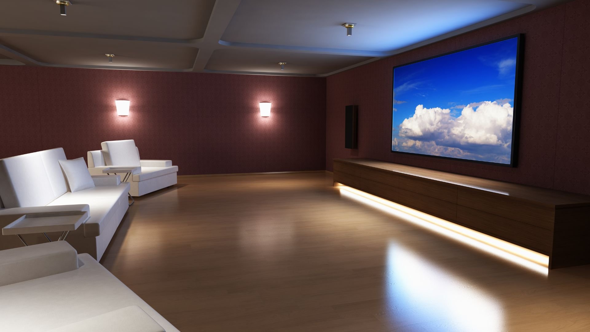 Modern home theater with white chairs and large screen showing cloudy sky